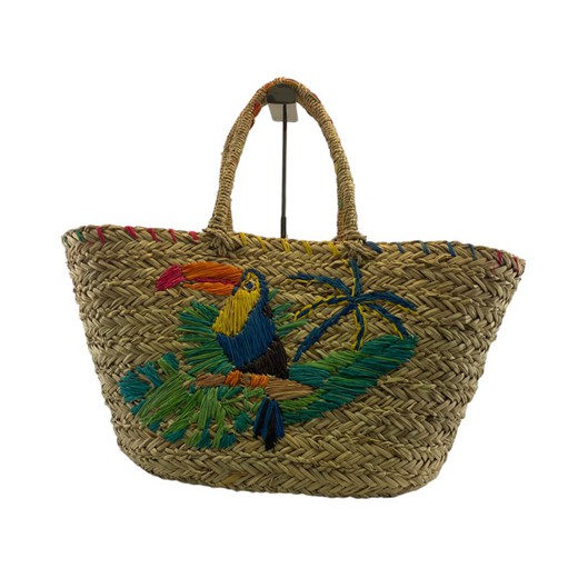 Bolso de esparto con un increíble bordado de loro original