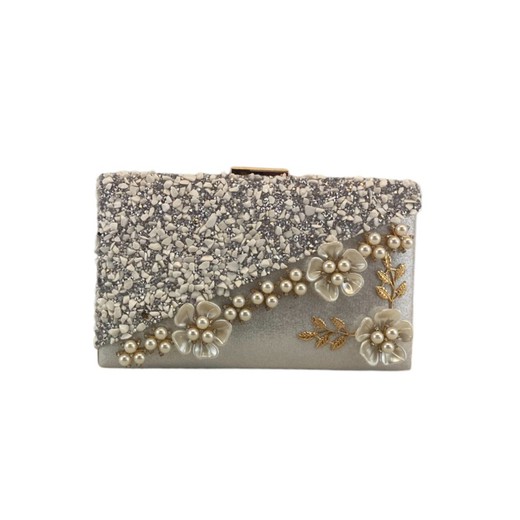 Bolso de mano blanco con flor y perlas para mujer