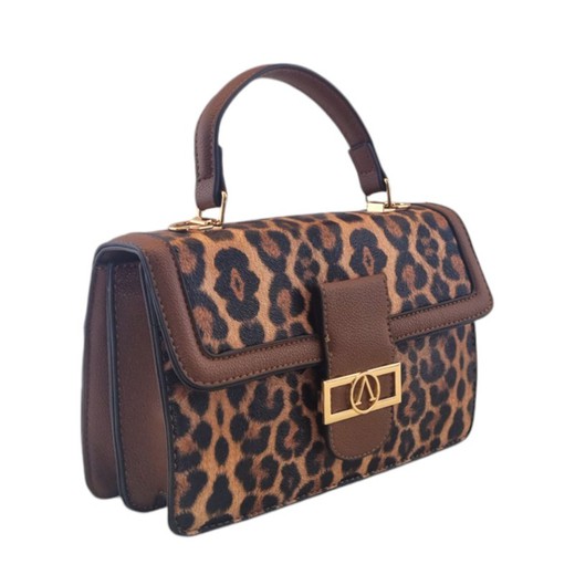 Bolso de mano con diseño de leopardo y detalles en cuero marrón