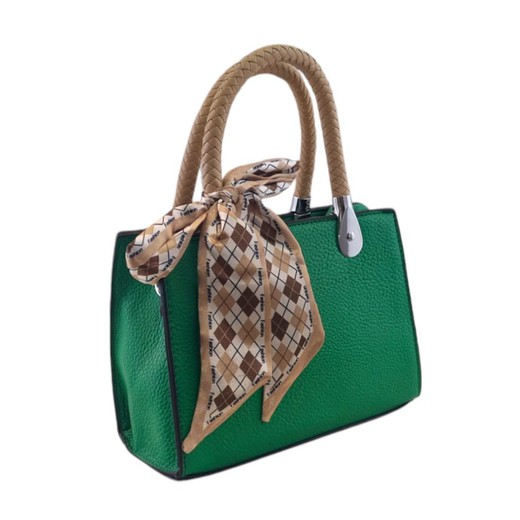 Bolso de mano para mujer en color verde con asa trenzada y pañuelo decorativo