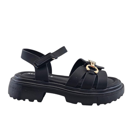 Sandalias de niña en piel vegana con cadena dorada y cierre de velcro color negro