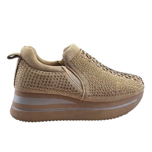 Zapatilla deportiva casual beige sin cordones con piedras doradas