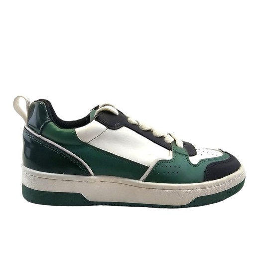 Zapatillas deportivas retro para mujer en piel sintética blanco, verde y negro con detalles troquelados y charol verde marca Corina