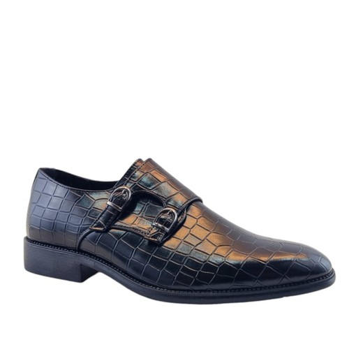 Zapatos de vestir en negro para hombre con doble hebilla y textura de cocodrilo