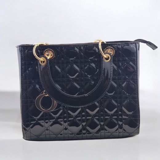 Bolso mediano de mano clásico negro con acabado brillante y detalles dorados