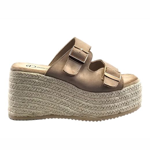 Sandalia color beige de Cuña con plataforma de antelina y esparto marca Kaneki