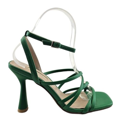 Sandalia color verde de tacón con tiras finas y punta cuadrada marca Corina