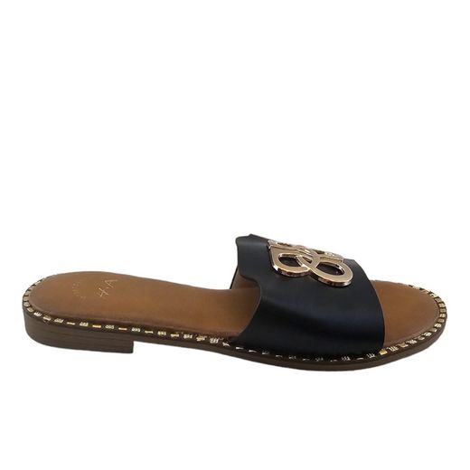 Sandalia plana para mujer color negro con figuras decorativas marca Kaneki