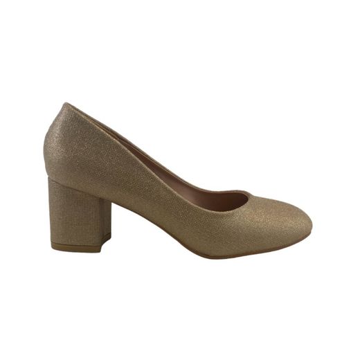 Zapato con tacón de 6 cm tipo salón, confeccionado con piel brillante de color dorado y suela de goma antideslizante