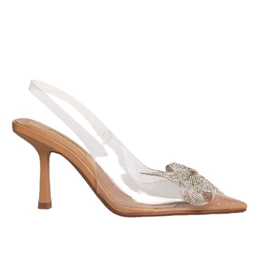 Zapato destalonado con tacón medio y detalle en diamantes color vinillo marca Corina